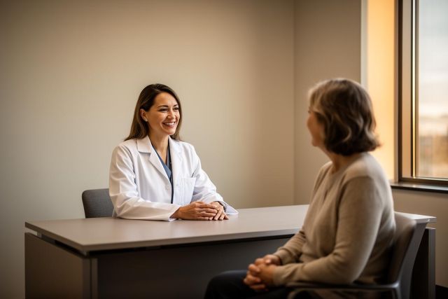 Smiling clinician in a white coat consulting a seated patient across a desk about dental treatment options.