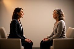Two women sit across from each other in a calm consultation-style room, conversing with hands resting on their laps.