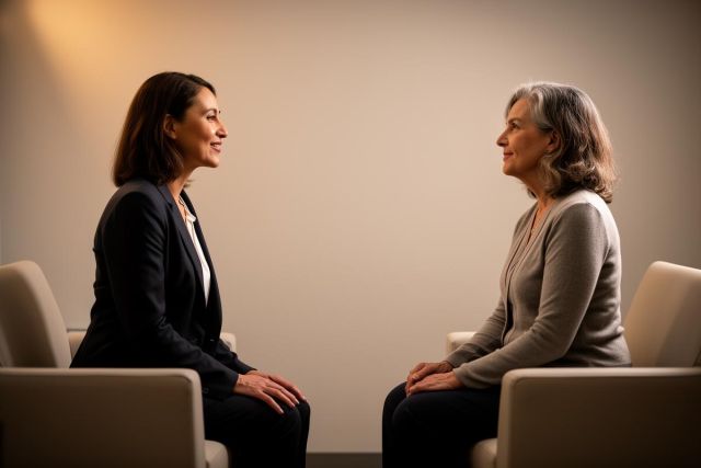 Two women sit across from each other in a calm consultation-style room, conversing with hands resting on their laps.