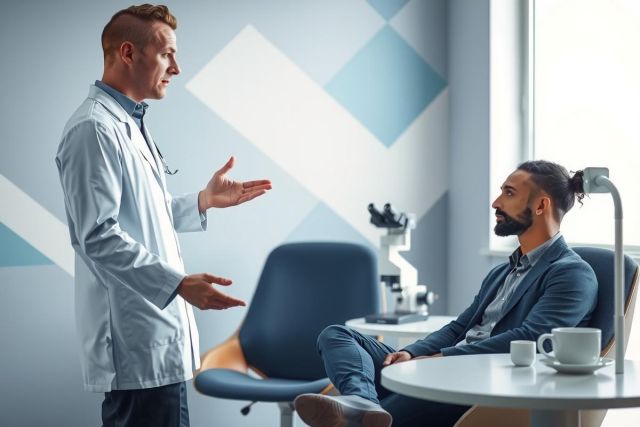 Doctor consulting with a patient in a clinic setting.  Focus on communication and healthcare. Blue chairs, white coat, and a focused environment are visible.