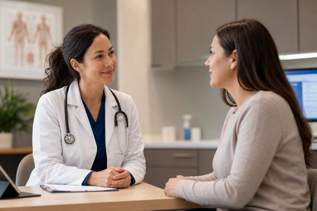 Doctor consulting with patient across desk in clinic, calm professional setting, stethoscope visible.