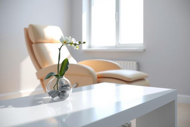 Modern interior featuring a comfortable armchair, a white table with a potted orchid, and soft natural light. The scene evokes a sense of relaxation and tranquility, showcasing a stylish home decor.