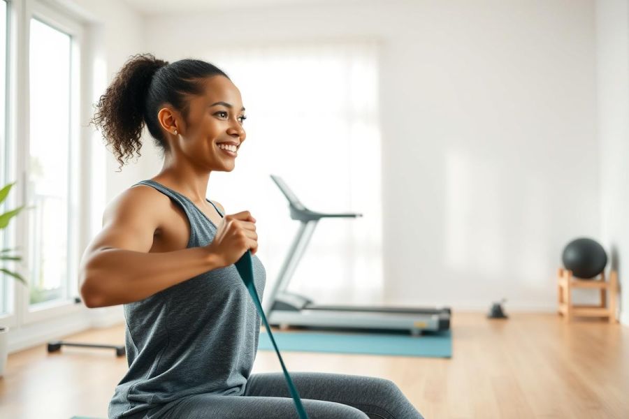 Woman exercising with resistance bands in a bright, modern home gym. She's smiling and focused during her workout, with a treadmill and fitness ball visible in the background. A light and airy space promoting healthy living and fitness.