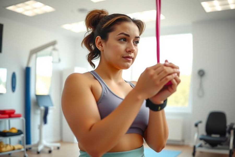 Woman exercising with resistance bands in a gym setting. She wears a purple sports bra and green leggings, focusing on arm workout. Fitness, health, workout, gym, exercise, strength training.