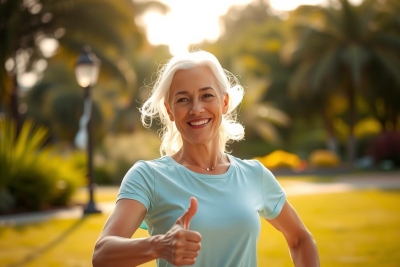 The image shows an older woman in a green top, giving a thumbs up with both hands. She appears to be outside on a sunny day, as evidenced by the shadows cast on the ground and the bright lighting.