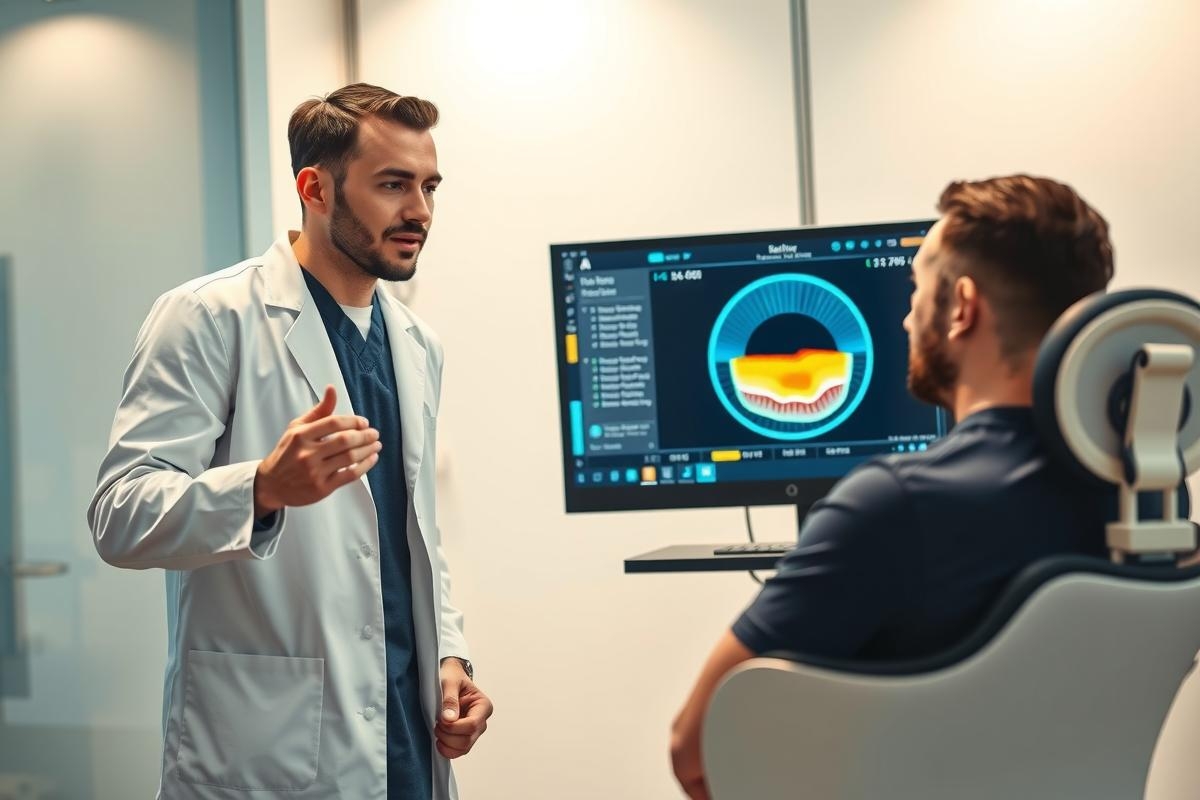 Doctor explaining MRI scan results to a patient in a medical clinic. Focus on diagnostics and healthcare technology. White coat, modern setting, digital imaging.