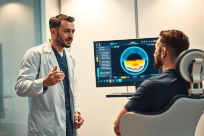 Doctor explaining MRI scan results to a patient in a medical clinic. Focus on diagnostics and healthcare technology. White coat, modern setting, digital imaging.