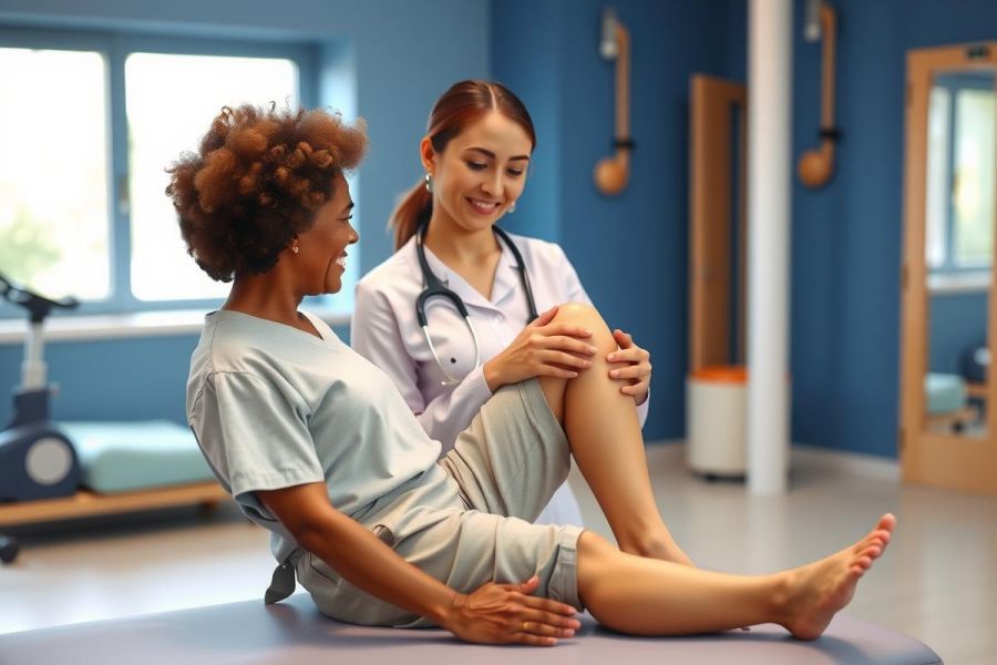 Physiotherapist examining patient's knee in a clinic setting. Healthcare professional with stethoscope assessing a person's leg injury. Bright room with exercise equipment.