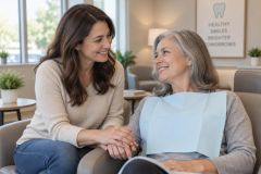 Smiling older dental patient in chair, companion holding her hand in a calm clinic setting.