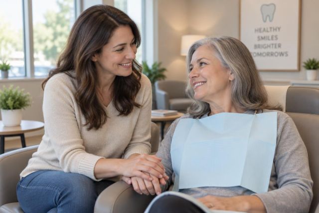 Smiling older dental patient in chair, companion holding her hand in a calm clinic setting.