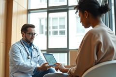 Doctor consults with a patient in a modern clinic, reviewing data on a tablet. Healthcare professional examining patient in medical setting. White coat, tablet, consultation, clinic, medical checkup.