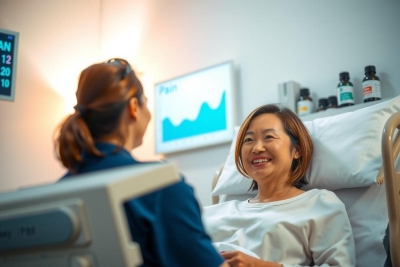 The image shows a hospital setting with two people. One person is lying in a hospital bed, wearing a patient gown and smiling, while the other person is standing next to her, likely a medical professional or family member engaged in conversation.