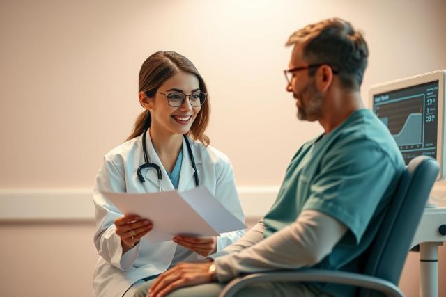Doctor discussing medical results with a patient in a clinic setting. The image features a female doctor in a white coat and glasses, reviewing paperwork with a male patient wearing scrubs. Warm lighting and a professional environment convey a healthcare consultation.