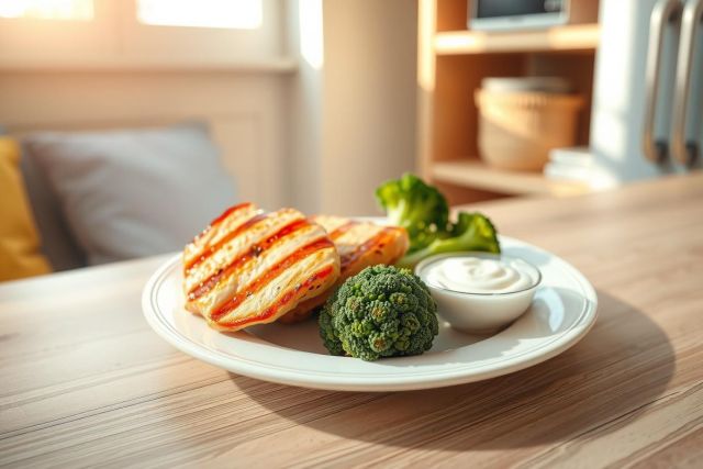 Healthy grilled chicken and broccoli on a plate with a sauce, served on a wooden table. A cozy kitchen setting with warm lighting.