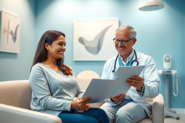 Doctor and patient in a modern clinic reviewing medical documents. The scene features a smiling doctor in a white coat and glasses, discussing paperwork with a happy woman. Blue walls and a clean, professional environment create a healthcare setting. Focus on patient care and medical consultation.