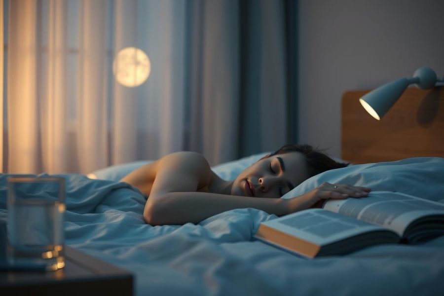 Woman sleeping peacefully in a blue-toned bedroom at night. An open book rests on the bed beside her, illuminated by a bedside lamp with moonlight filtering through curtains. Serene, restful, and cozy bedroom scene.