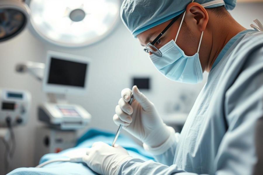 Surgeon performing surgery in a modern operating room. The image shows a medical professional in surgical scrubs, mask, and cap, holding surgical instruments under bright overhead lights. Blue and white color scheme, representing a sterile hospital environment. Focus on healthcare, surgery, and medical procedures.