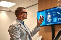 Doctor presenting a 3D human anatomy scan on a screen. Medical professional in a white coat, likely in a hospital or clinic setting. Focus on health, science, and technology.
