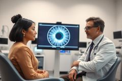 An ophthalmologist examines a patient in a modern eye clinic. The image features a doctor in a white coat discussing eye health with a woman, with an eye scan displayed on a monitor. Focus on eye care, vision, and medical consultation in a professional setting. Colors are warm and neutral.