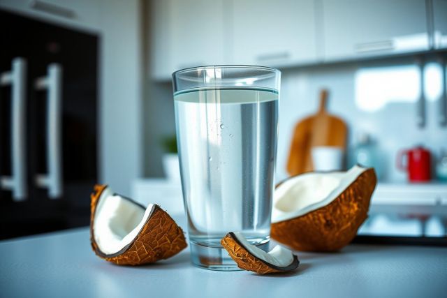 Water in a glass with coconut pieces on a white kitchen counter. A bright, natural light setting highlights the refreshing beverage and tropical ingredients. Clean and minimalist aesthetic.