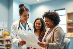Doctor discussing medical records with two smiling patients in a bright, modern clinic. Healthcare professionals, patient care, and consultation are key themes. Blue and white tones dominate the scene, conveying trust and professionalism. Focus on health, wellness, and positive medical interactions.