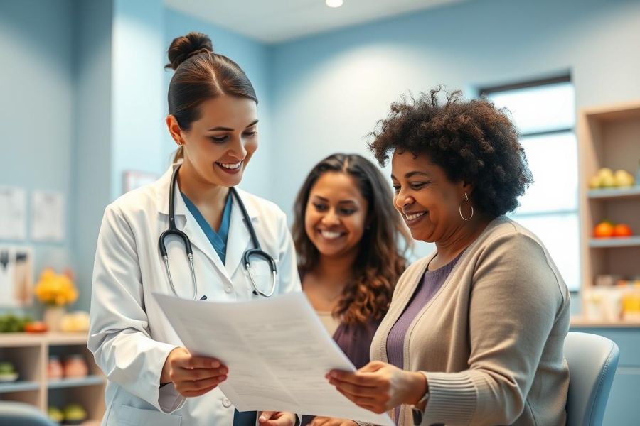 Doctor discussing medical records with two smiling patients in a bright, modern clinic. Healthcare professionals, patient care, and consultation are key themes. Blue and white tones dominate the scene, conveying trust and professionalism. Focus on health, wellness, and positive medical interactions.