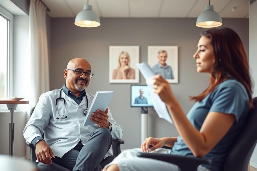 Doctor consults with a patient in a clinic setting. The doctor holds a tablet, while the patient holds papers. A professional medical consultation is taking place.