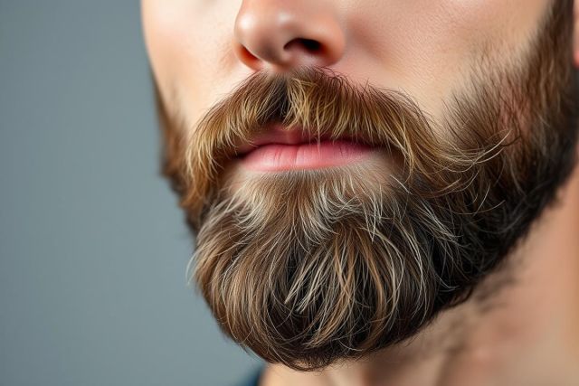 Close-up of a man's full, textured beard with brown and grey tones, highlighting the mustache and lips. A neutral gray background emphasizes the facial hair detail. Ideal for beard styling, grooming, or men's fashion related searches.