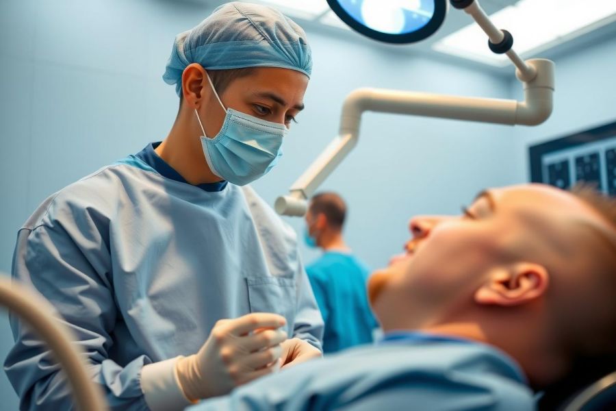 Surgeon in scrubs and mask performs a medical procedure in a bright operating room. Focus on close-up of the surgical area, highlighting precision and care. Blue and white color palette.