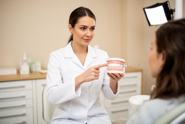 Dentist in a white coat explaining tooth appearance to a seated patient while pointing at a dental model.