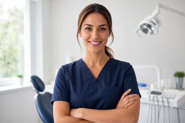 Smiling dental clinician in scrubs standing confidently in a bright, clean dental operatory.