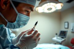 Doctor in surgical scrubs and mask examines a medical device. Close-up of hands in sterile gloves, within a bright operating room setting. Focus on precision and healthcare technology.