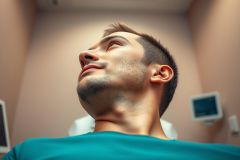 Close-up of a young man in a teal shirt lying back in a medical setting. The image features a focus on his face, with a blurred background showing medical equipment. Warm tones and soft lighting create a calm atmosphere. Healthcare, patient, and medical examination concepts are relevant.
