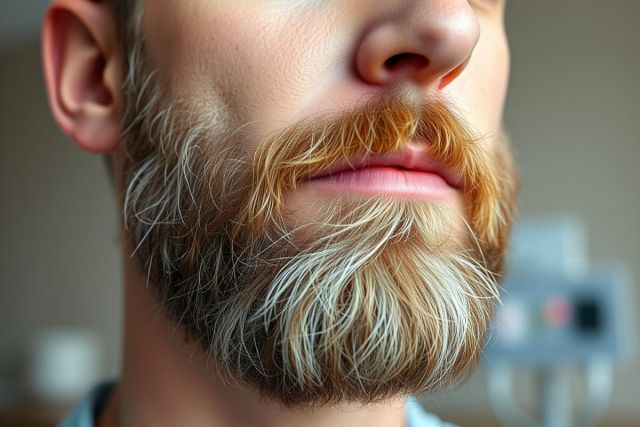 Close-up portrait showcasing a man's distinctive beard with a striking two-tone appearance: reddish-brown and grey. The image highlights facial hair, aging, and a natural, textured style. Warm tones dominate, creating a realistic and detailed view of the man's face against a blurred background.