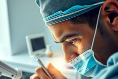 Dentist examining a tooth with a microscope, wearing a mask. Close-up view in a dental office, with bright lighting and medical equipment visible. Focus on precision and healthcare.