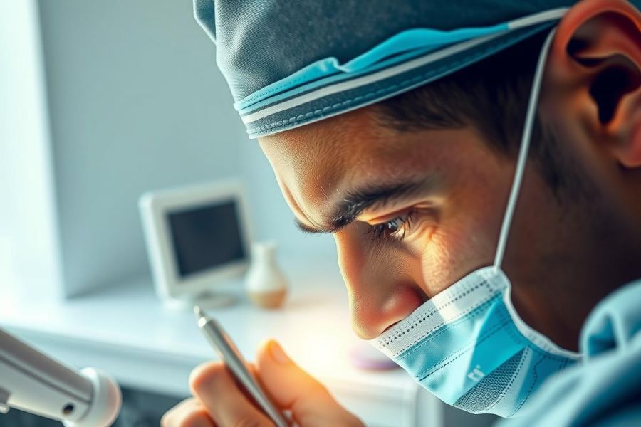 Dentist examining a tooth with a microscope, wearing a mask. Close-up view in a dental office, with bright lighting and medical equipment visible. Focus on precision and healthcare.
