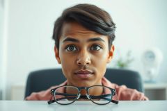 Close-up portrait of a young Black person with a surprised expression, wearing glasses and a pink shirt. Neutral background with a chair and desk. Focus on facial features and wide eyes, conveying shock or disbelief.