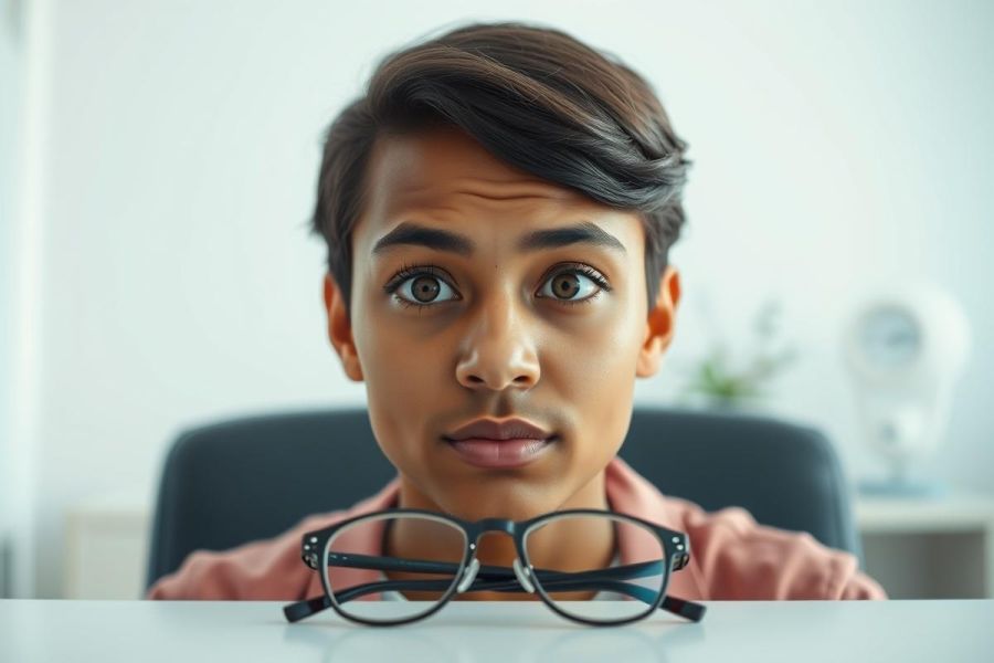 Close-up portrait of a young Black person with a surprised expression, wearing glasses and a pink shirt. Neutral background with a chair and desk. Focus on facial features and wide eyes, conveying shock or disbelief.