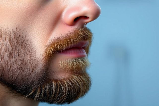 Close-up portrait of a man's face, showcasing a detailed view of his nose and beard. The beard exhibits a gradient of brown and reddish tones against a blurred light blue background. Focus is on facial hair and skin texture, suitable for beard care or men's grooming related searches.