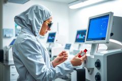 Lab technician in protective gear examines a vial in a cleanroom environment. Focus on scientific research, biotechnology, and pharmaceutical processes. Bright, sterile setting with equipment visible.