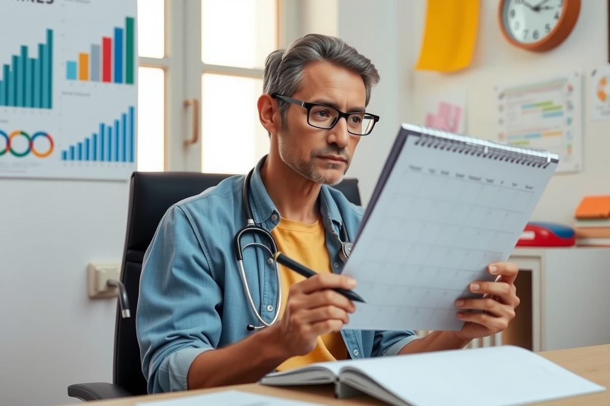 The image depicts a man sitting at a desk, wearing glasses and holding what appears to be a notebook or planner. He is dressed in a casual manner with a denim jacket over his shirt.