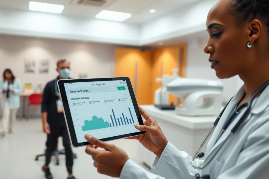 Healthcare professional examining data on a tablet in a modern hospital setting. Focus on patient care and medical technology. Bright, clean environment with medical equipment visible.