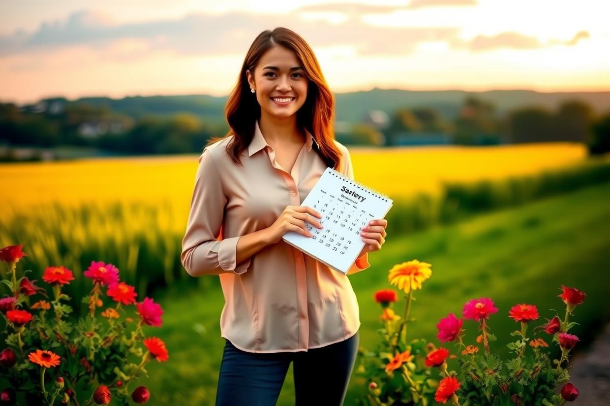 A woman standing in a garden setting, holding an open book and smiling. She's dressed in casual attire and is surrounded by blooming flowers.