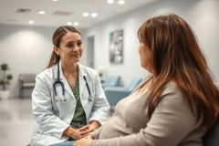 Doctor consulting with a pregnant patient in a modern clinic waiting room. The image features a female doctor in a white coat and stethoscope speaking with a woman showing a baby bump. Soft lighting and neutral colors create a calm, healthcare setting.
