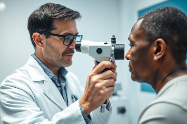 Optometrist performing an eye exam on a patient in a bright, modern clinic. The doctor uses a handheld diagnostic tool while the patient looks straight ahead. Professional healthcare setting, focus on eye care and vision testing. Cool blue and white tones dominate the scene.