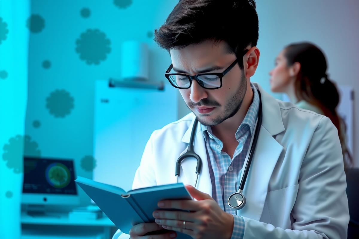 This image depicts a modern medical setting, focusing on a doctor examining a patient's health. The doctor is dressed in a white lab coat with a stethoscope around his neck, suggesting he is a professional clinician.