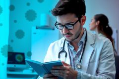 This image depicts a modern medical setting, focusing on a doctor examining a patient's health. The doctor is dressed in a white lab coat with a stethoscope around his neck, suggesting he is a professional clinician.