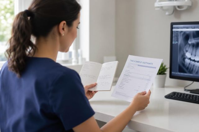 Dental clinic professional in scrubs reviewing a treatment estimate beside a panoramic dental X-ray.