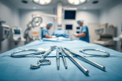 Surgical instruments laid out on a blue sterile drape in an operating room. A surgical team is blurred in the background performing a procedure under bright lights. Healthcare, surgery, medical equipment, and hospital setting themes.