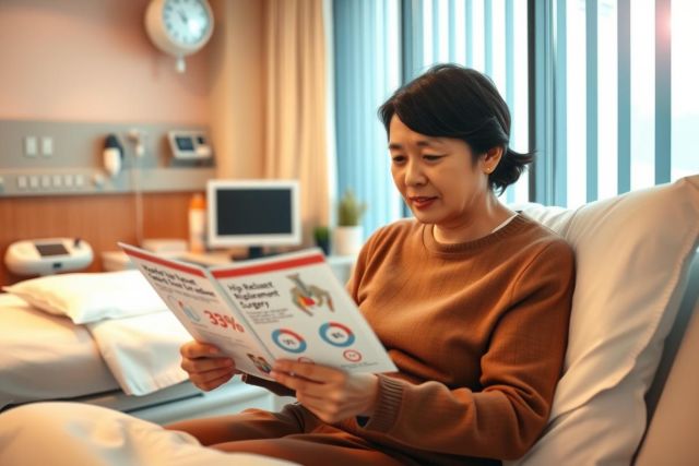 The image shows a woman sitting in a hospital bed. She appears to be reading a book or magazine, and there is a chart or monitor nearby on the wall.